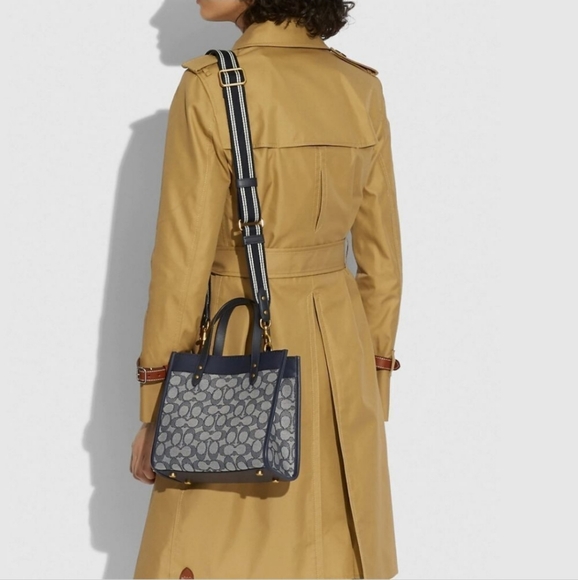 Coach Handbags - Coach Field Tote Blue Leather Logo Jacquard Top Handles Bag